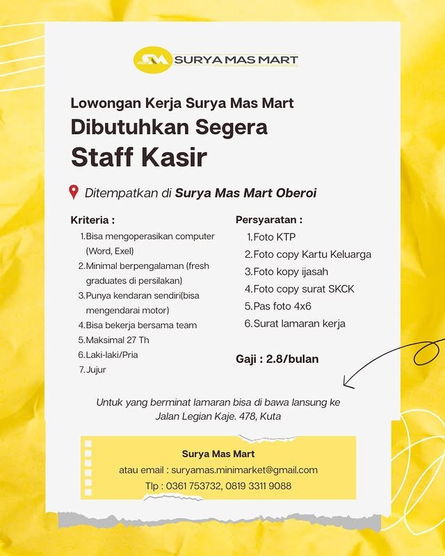 Lowongan Pekerjaan Staff Kasir di Surya Mas Mart Oberoi