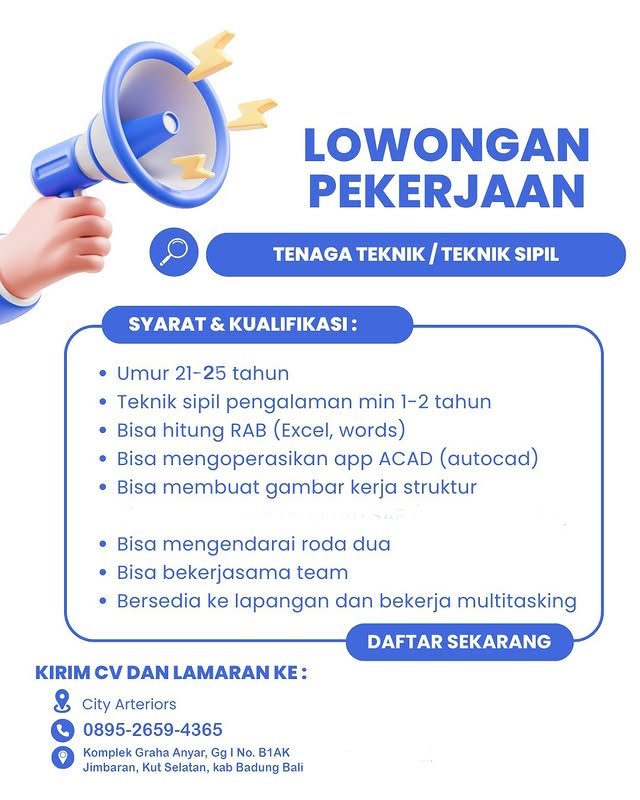 Lowongan Pekerjaan Tenaga Teknik / Teknik Sipil di City Arteriors Jimbaran
