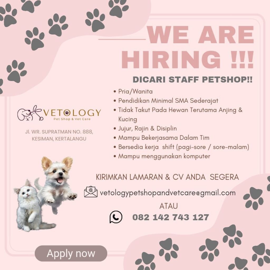Lowongan Pekerjaan Staff Petshop di Vetology, Denpasar, Bali