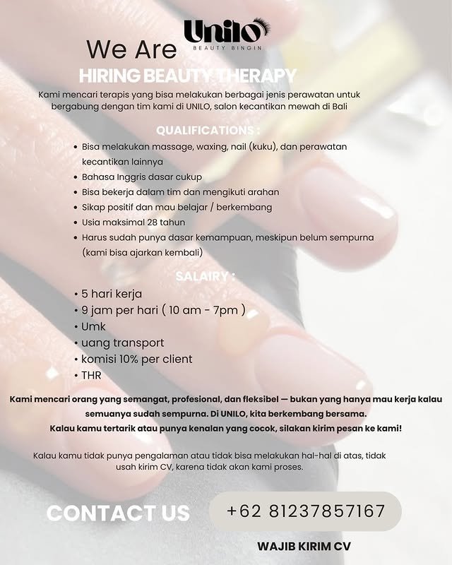 Lowongan Pekerjaan Beauty Therapy di Unilo Beauty Bingin