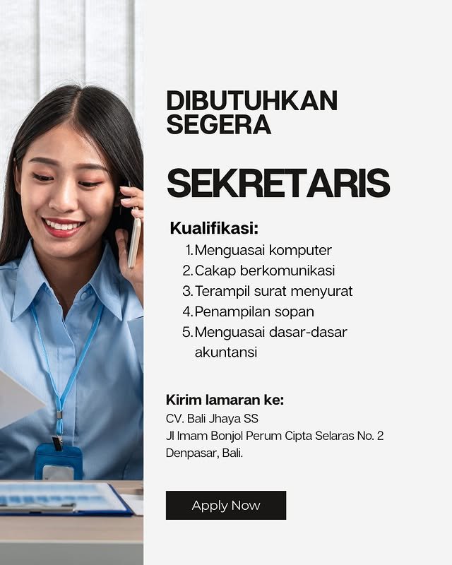Lowongan Pekerjaan Sekretaris di CV. Bali Jhaya SS, Denpasar, Bali