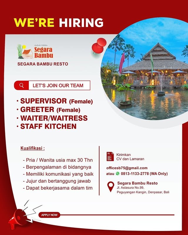 Lowongan Pekerjaan Supervisor, Greeter, Waiter/Waitress, Staff Kitchen di Segara Bambu Resto (Denpasar)