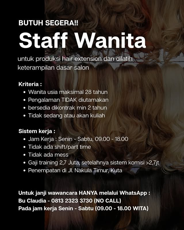 Lowongan Pekerjaan Staff Produksi Hair Extension di Kuta, Bali
