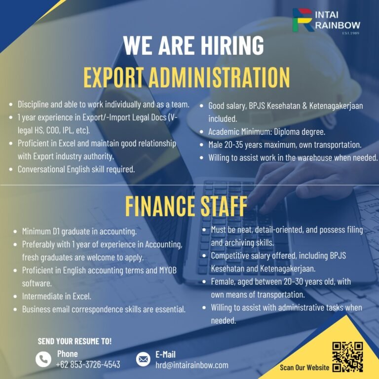Lowongan Pekerjaan Export Administration & Finance Staff di Intai Rainbow