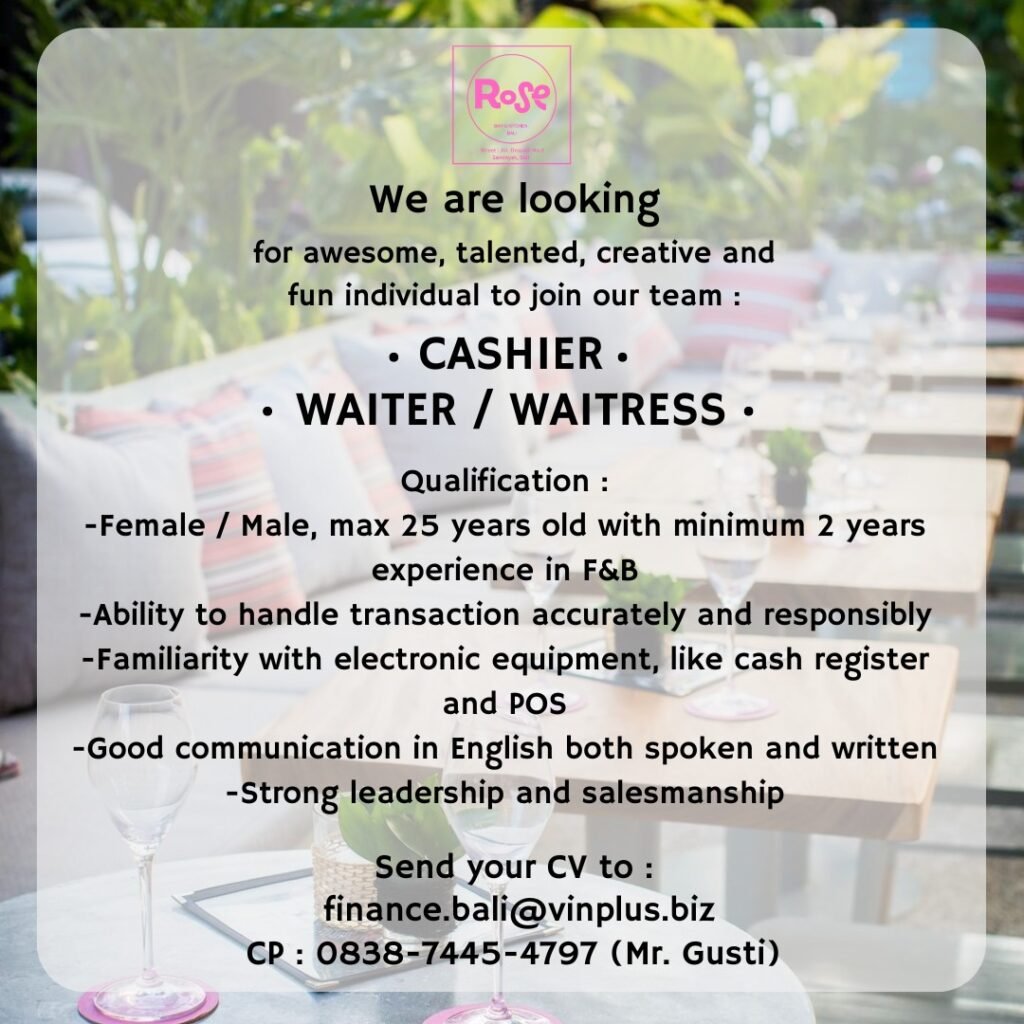 Lowongan Pekerjaan Cashier & Waiter/Waitress di Rose