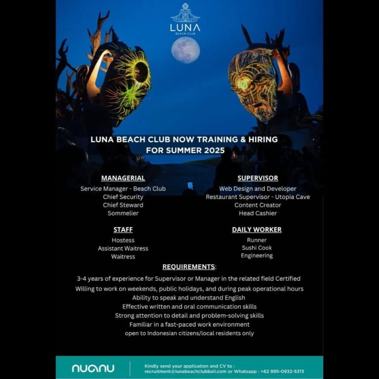 Lowongan Pekerjaan di Luna Beach Club Bali untuk Berbagai Posisi