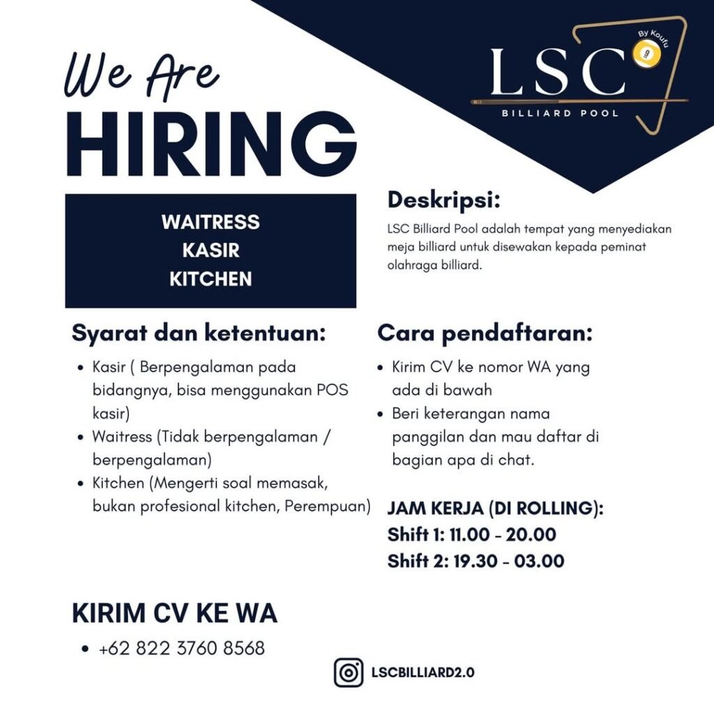 Lowongan Pekerjaan Waitress, Kasir, dan Kitchen di LSC Billiard Pool