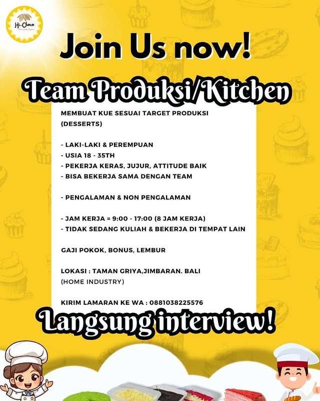 Lowongan Pekerjaan Team Produksi/Kitchen di H-Choco Jimbaran