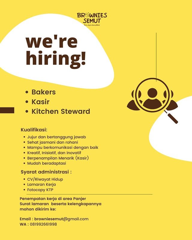 Lowongan Pekerjaan Bakers, Kasir, & Kitchen Steward di Brownies Semut Panjer
