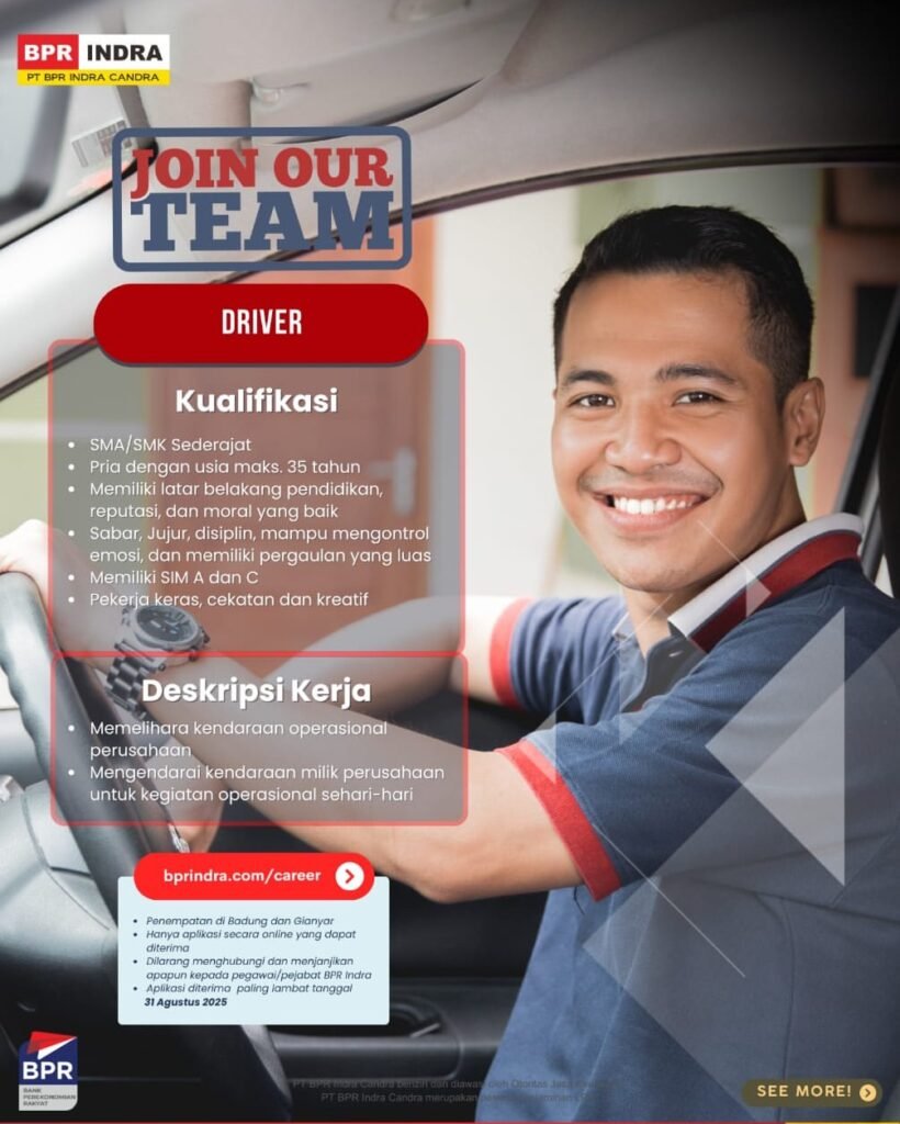 Lowongan Pekerjaan di BPR Indra untuk Posisi Driver, Loan Officer, dan Security