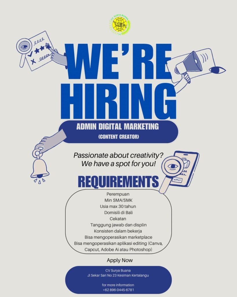 Lowongan Pekerjaan Admin Digital Marketing di CV Surya Buana Kesiman