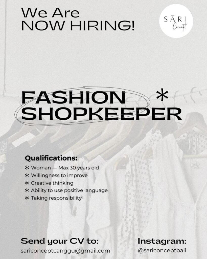 Lowongan Pekerjaan Fashion Shopkeeper di SARI Concept Canggu