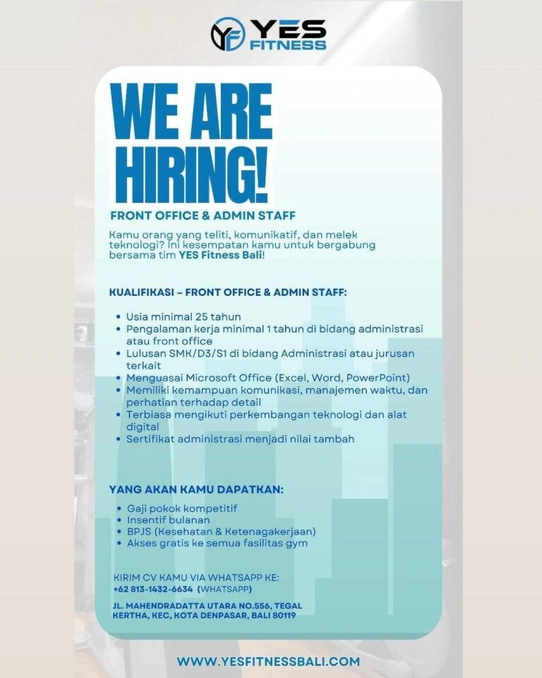 Lowongan Pekerjaan Front Office, Admin Staff, & Security di YES Fitness Denpasar