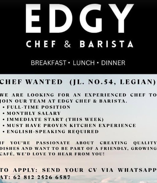 Lowongan Pekerjaan Chef di EDGY Chef & Barista Legian