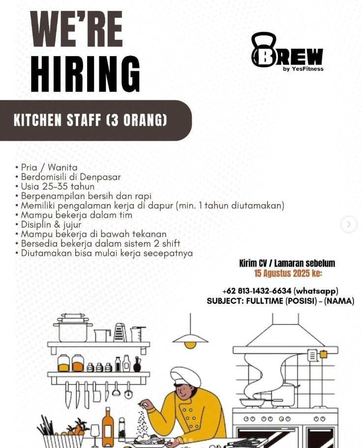 Lowongan Pekerjaan Kitchen Staff di BREW by YesFitness, Denpasar, Bali