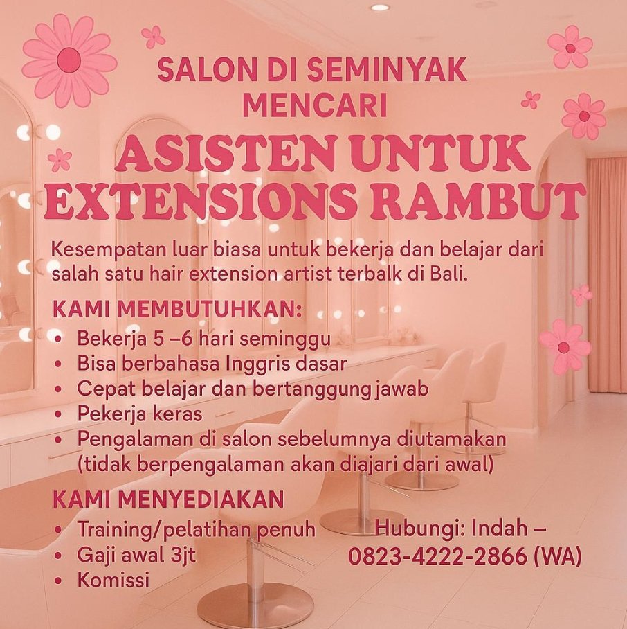 Lowongan Pekerjaan Asisten Salon di Seminyak, Bali