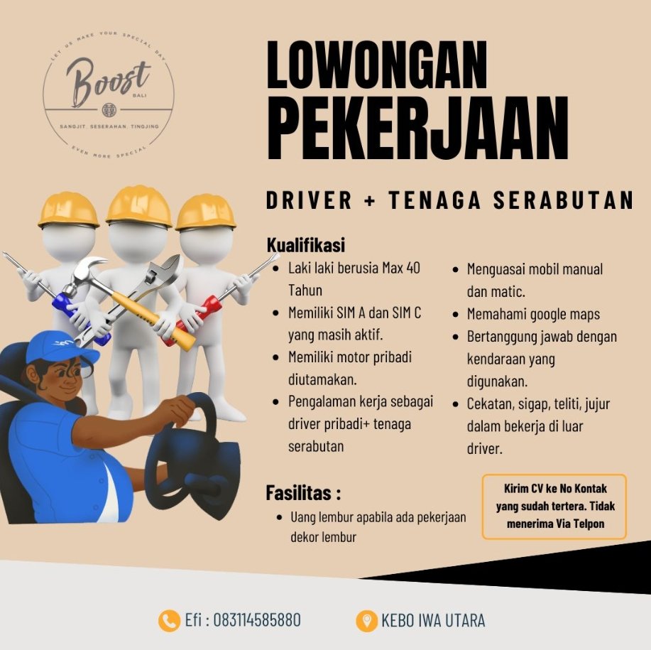 Lowongan Pekerjaan Driver + Tenaga Serabutan di Boost Bali, Denpasar