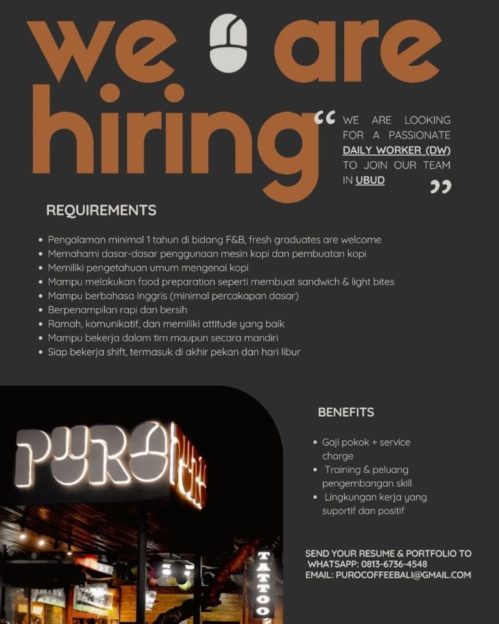 Lowongan Pekerjaan Daily Worker di Puro Coffee, Ubud, Bali