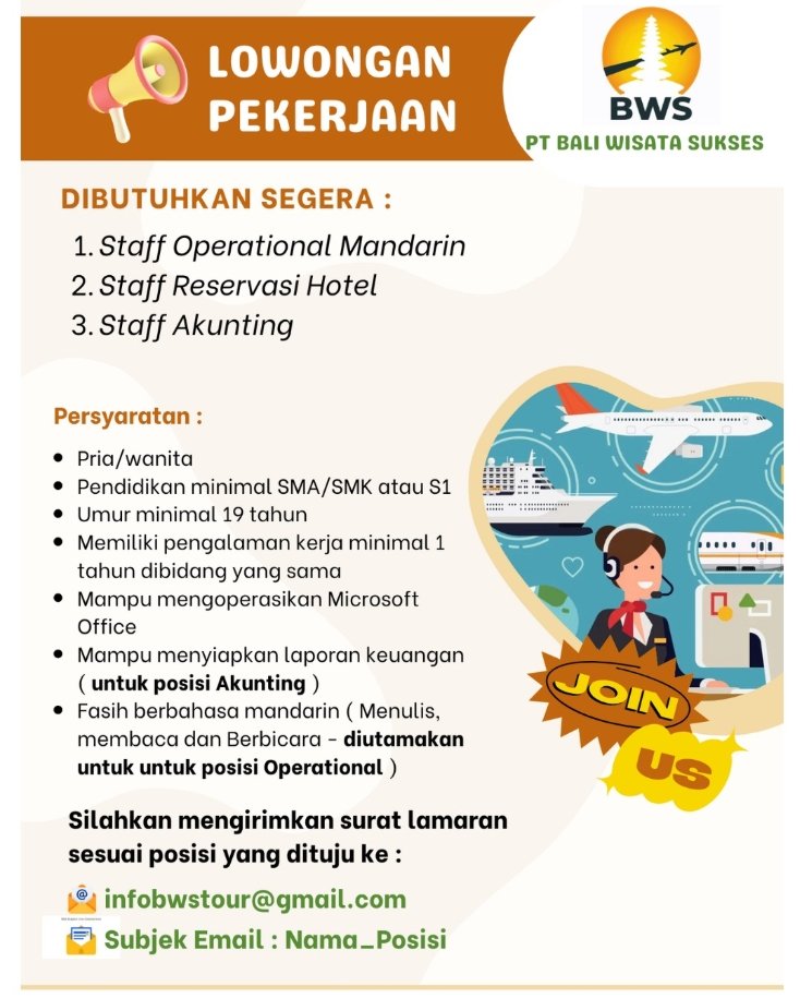 Lowongan Pekerjaan di PT Bali Wisata Sukses, Bali
