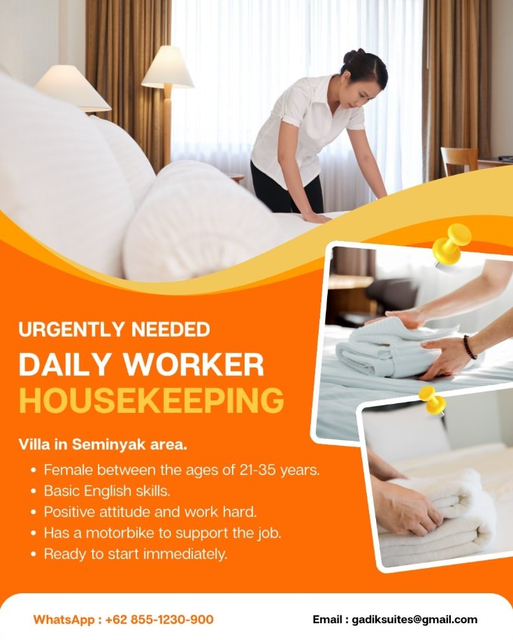 Lowongan Pekerjaan Daily Worker Housekeeping di Villa Seminyak
