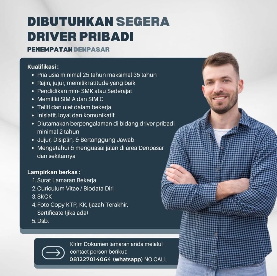 Lowongan Pekerjaan Driver Pribadi di Denpasar, Bali