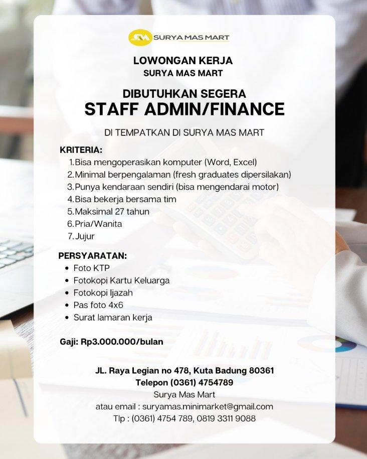 Lowongan Pekerjaan Staff Admin/Finance di Surya Mas Mart, Kuta