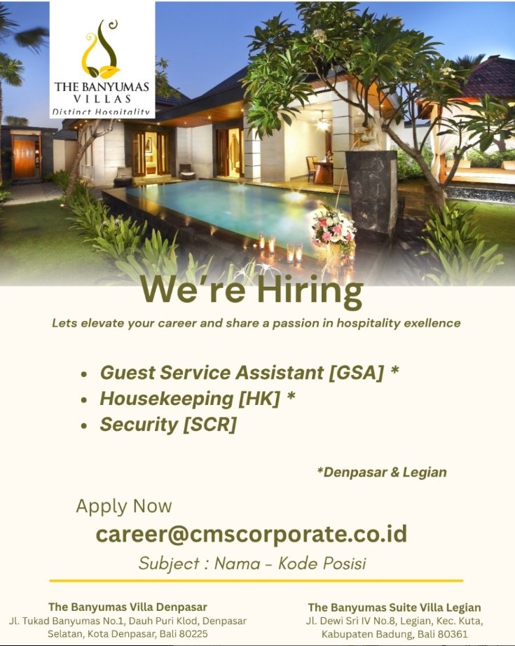 Lowongan Pekerjaan di The Banyumas Villas, Denpasar & Legian