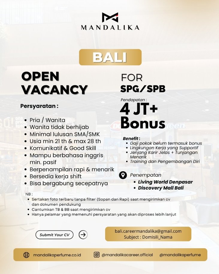 Lowongan Pekerjaan SPG/SPB di Mandalika Perfume, Bali