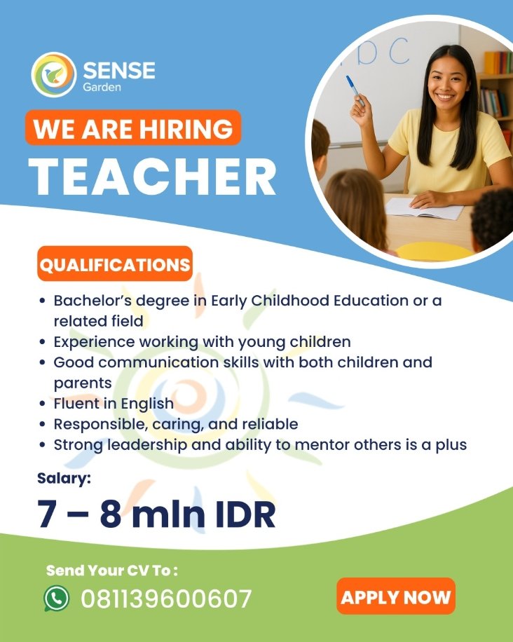 Lowongan Pekerjaan Teacher di Sense Garden
