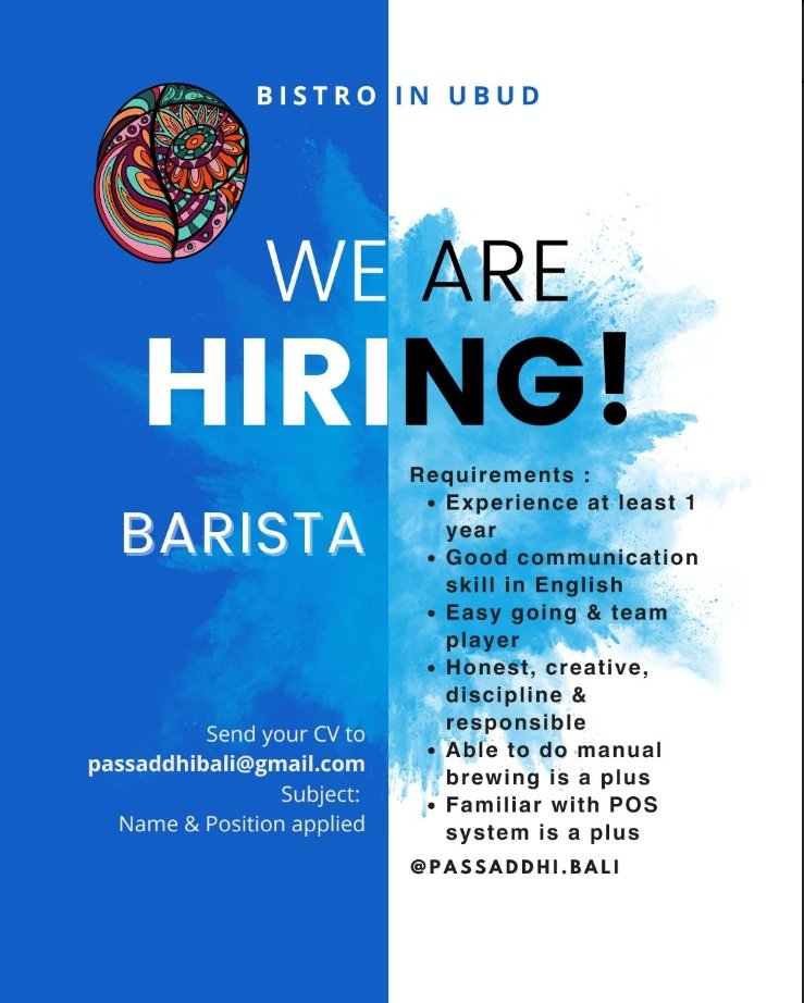 Lowongan Pekerjaan Barista di Passaddhi Bistro, Ubud