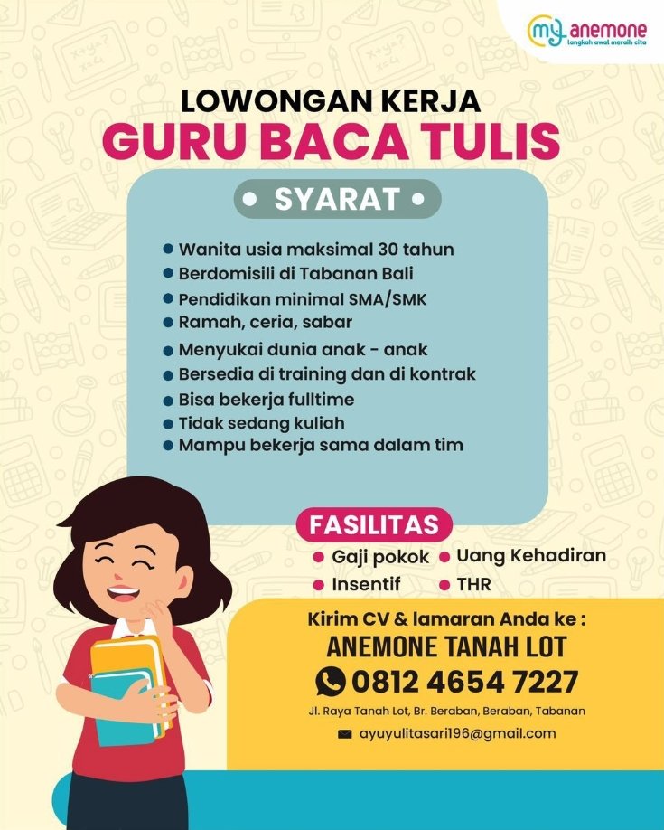 Lowongan Pekerjaan Guru Baca Tulis di Anemone Tanah Lot, Tabanan