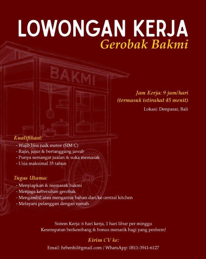 Lowongan Pekerjaan Penjaga Gerobak Bakmi di Denpasar