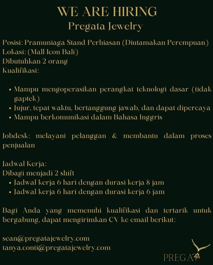 Lowongan Pekerjaan Pramuniaga di Pregata Jewelry, Sanur