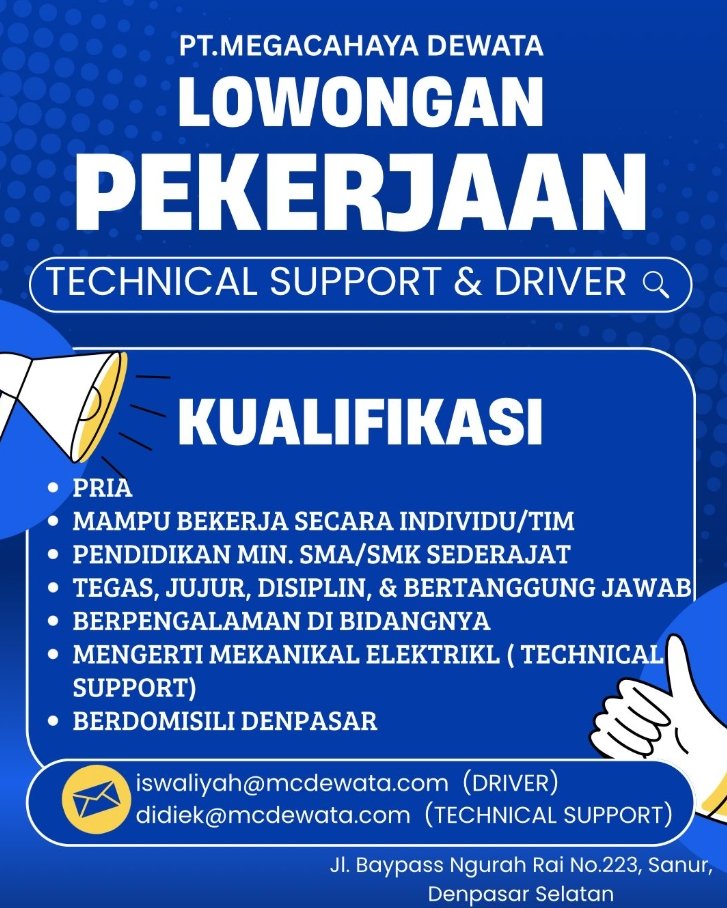 Lowongan Pekerjaan di PT. Megacahaya Dewata, Denpasar