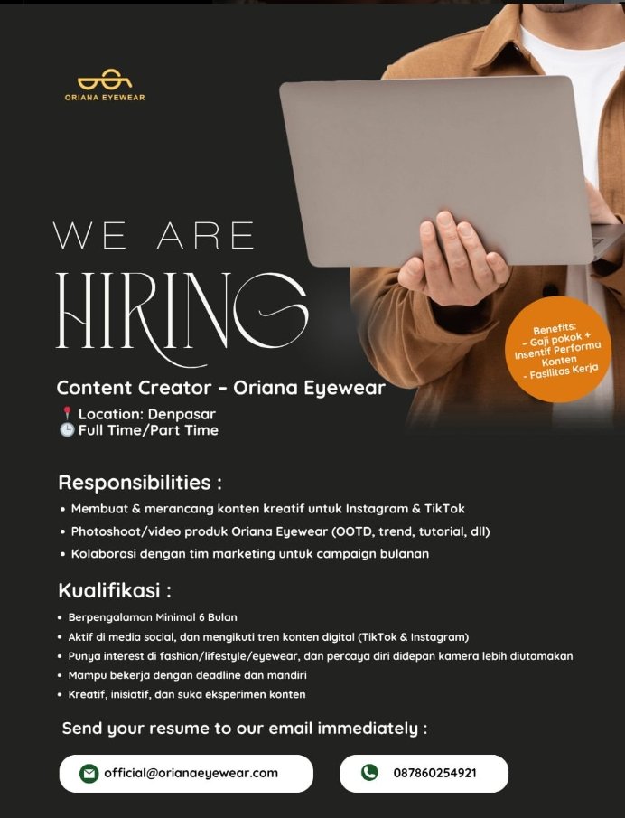 Lowongan Pekerjaan Content Creator di Oriana Eyewear, Denpasar
