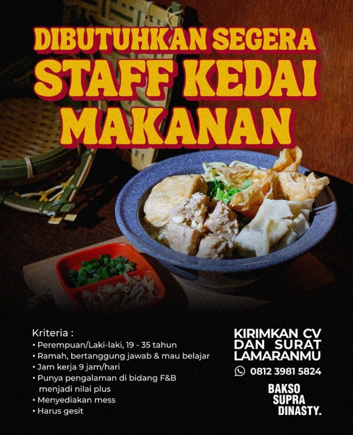 Lowongan Pekerjaan Staff Kedai Makanan di Bakso Supradinasty