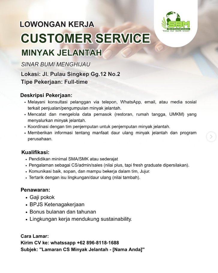 Lowongan Pekerjaan Customer Service Minyak Jelantah di Sinar Bumi Menghijau, Denpasar