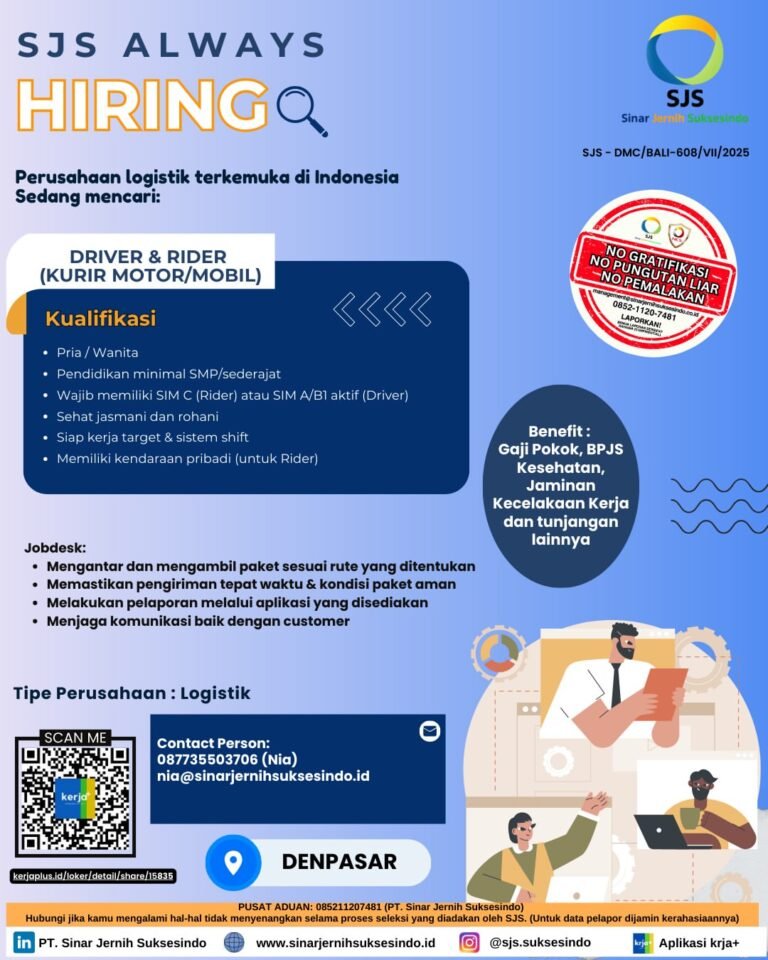 Lowongan Pekerjaan Driver & Rider di PT. Sinar Jernih Suksesindo Denpasar