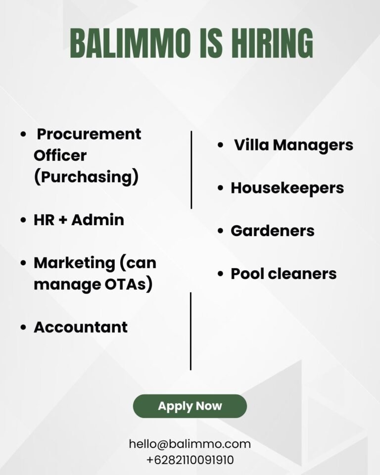 Lowongan Pekerjaan Villa Manager, Purchasing, HRD, dll di Balimmo