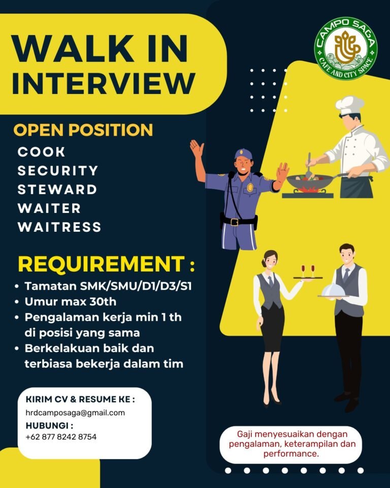 Lowongan Pekerjaan Cook, Security, Steward, dll di Campo Saga Cafe Bali