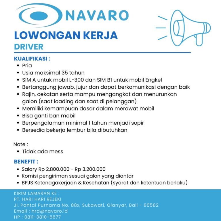 Lowongan Pekerjaan Driver Admin Kasir & Admin Purchasing di Navaro Gianyar