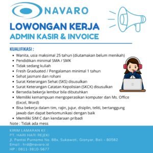 Lowongan Pekerjaan Driver Admin Kasir & Admin Purchasing di Navaro Gianyar