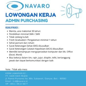 Lowongan Pekerjaan Driver Admin Kasir & Admin Purchasing di Navaro Gianyar