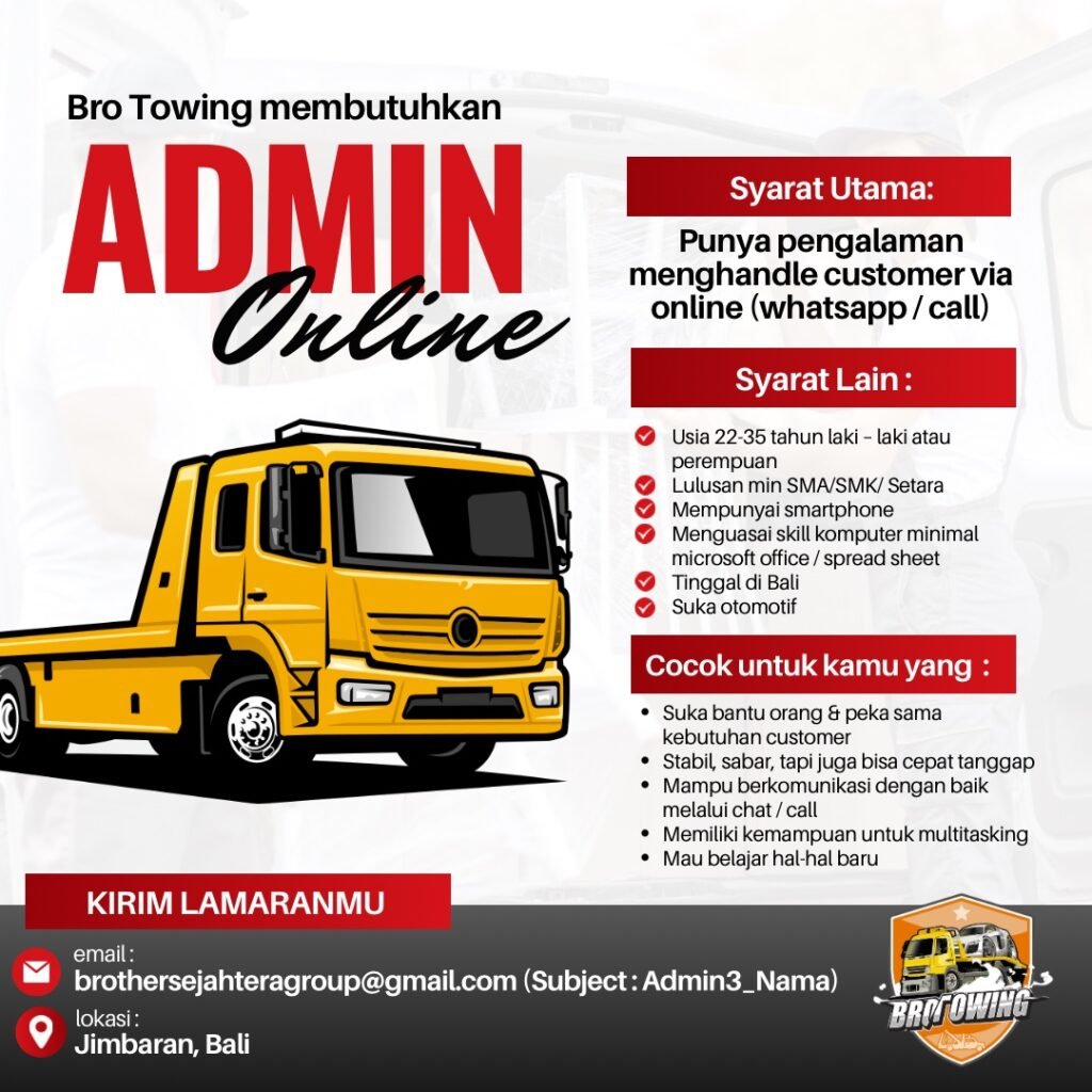 Lowongan Pekerjaan Admin Online di Bro Towing Jimbaran