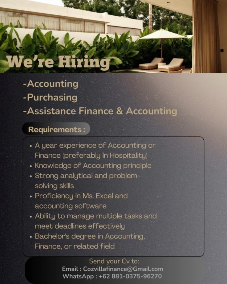 Lowongan Pekerjaan Accounting, Purchasing, & Finance di Cozvilla Bali