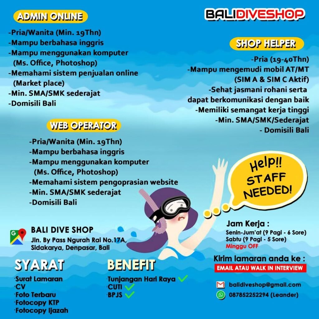 Lowongan Pekerjaan Admin, Shop Helper, & Web Operator di Bali Dive Shop Denpasar