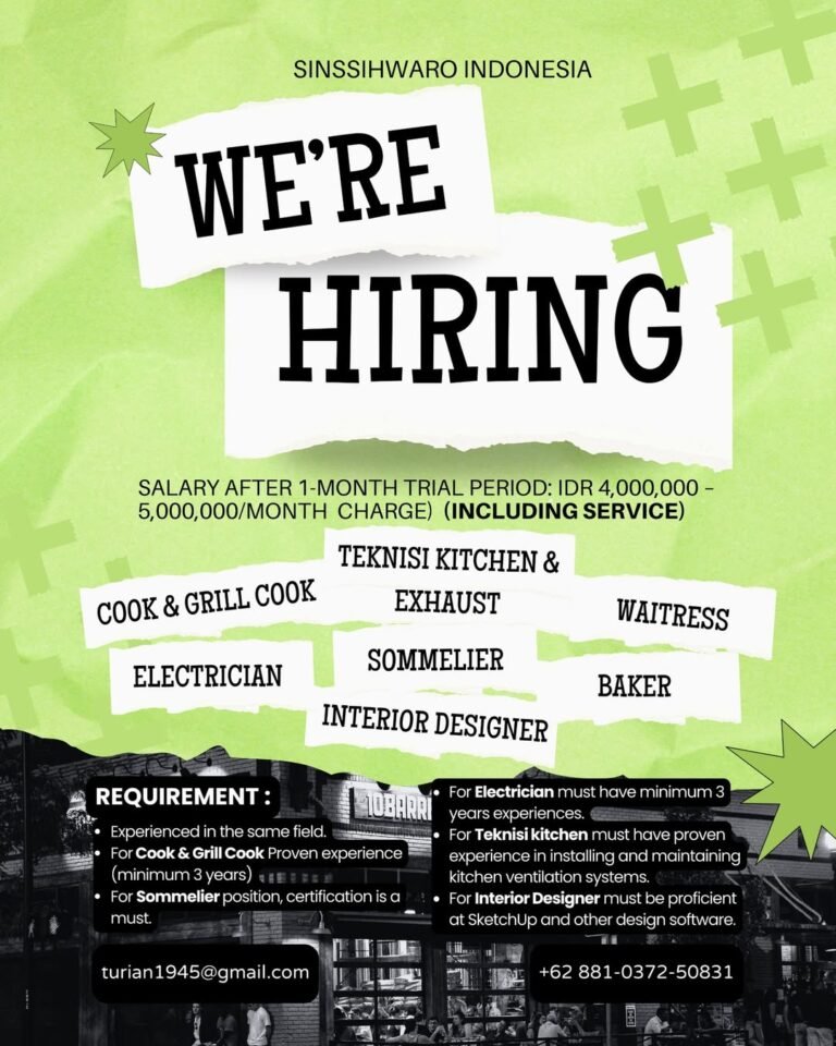 Lowongan Pekerjaan Teknisi, Cook, Waitress, dll di Sinssihwaro Indonesia