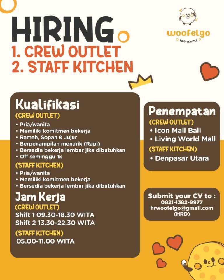 Lowongan Pekerjaan Crew Outlet & Staff Kitchen di Woofelgo Bali