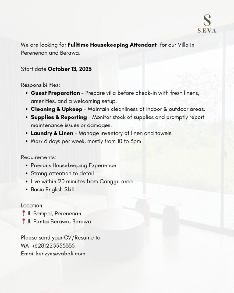 Lowongan Pekerjaan Housekeeping di Seva Bali (Pererenan & Berawa)