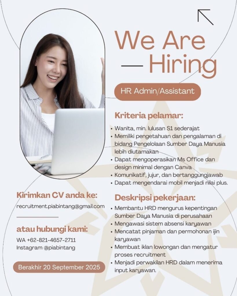 Lowongan Pekerjaan HR Admin/Assistant di Pia Bintang